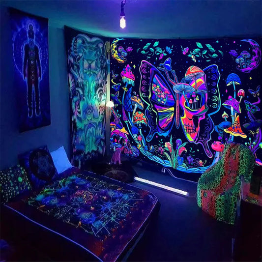 1pc Butterfly skull fluorescent tapestry, UV black light plant mushroom flower moon tapestry, home room decoration wall hanging
